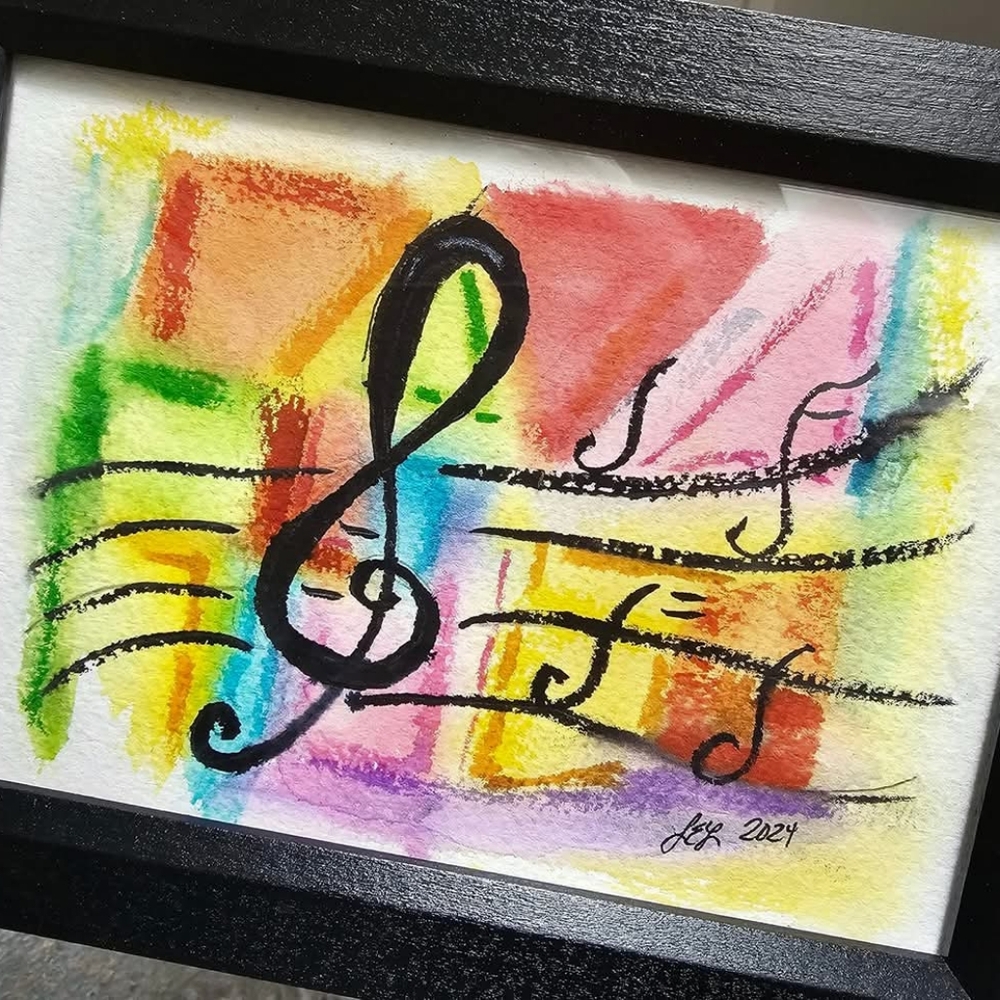 Colorful Abstract Framed Watercolor Music Note Art